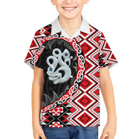 Red Taniko Motif Aotearoa Manaia and Silver Fern Family Matching Off Shoulder Maxi Dress and Hawaiian Shirt LT03 Son's Shirt Red - Polynesian Pride