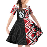 Red Taniko Motif Aotearoa Manaia and Silver Fern Family Matching Off Shoulder Short Dress and Hawaiian Shirt LT03 Daughter's Dress Red - Polynesian Pride