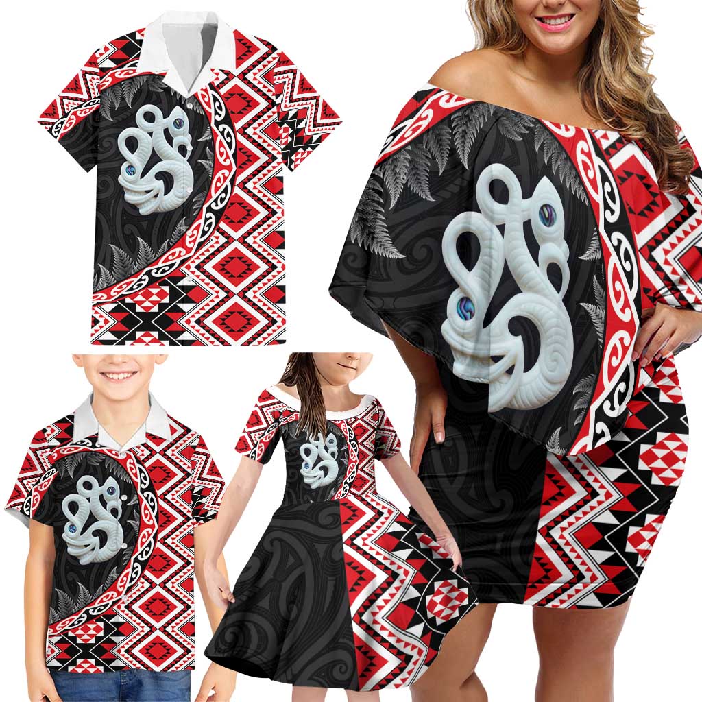 Red Taniko Motif Aotearoa Manaia and Silver Fern Family Matching Off Shoulder Short Dress and Hawaiian Shirt LT03 - Polynesian Pride