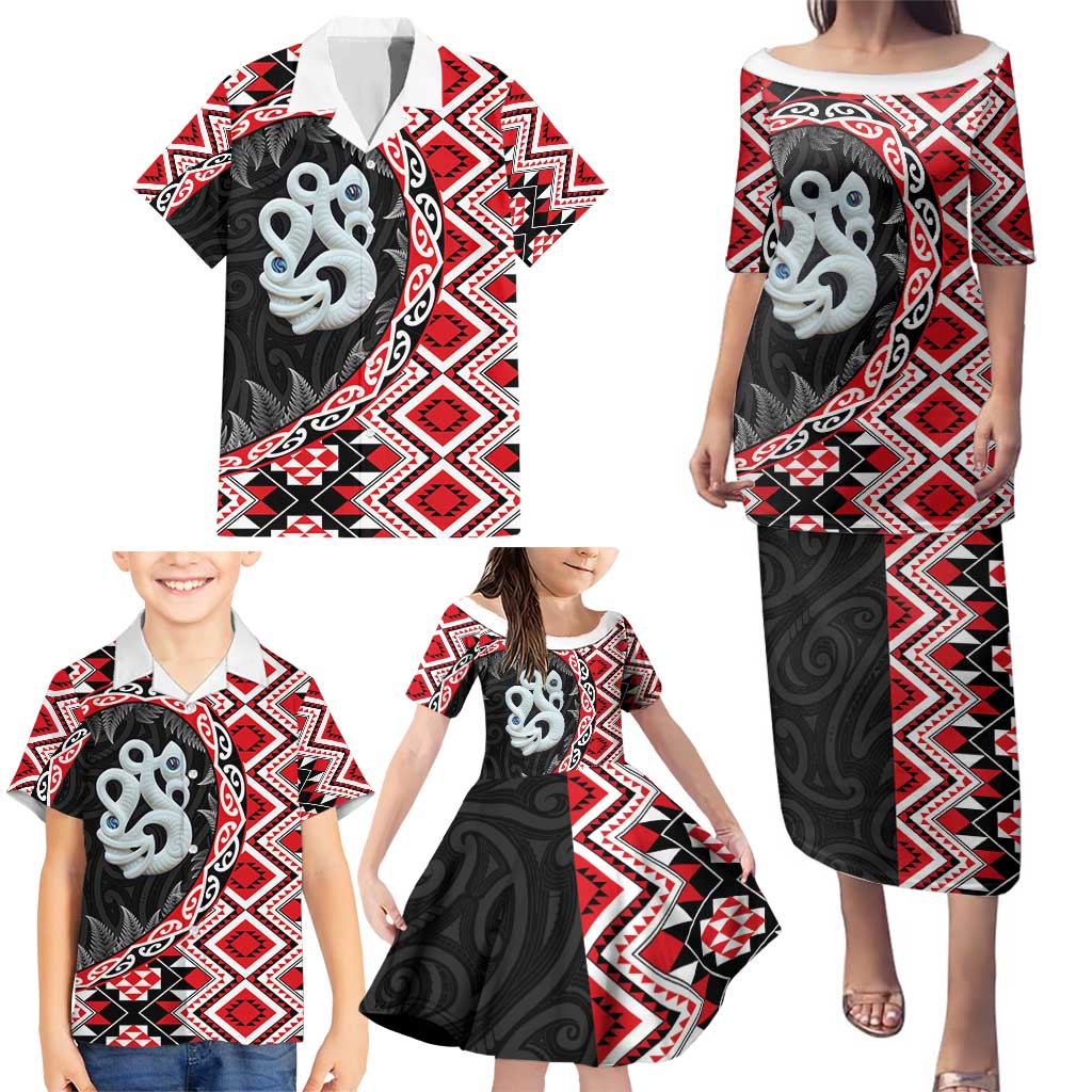 Red Taniko Motif Aotearoa Manaia and Silver Fern Family Matching Puletasi and Hawaiian Shirt LT03 - Polynesian Pride