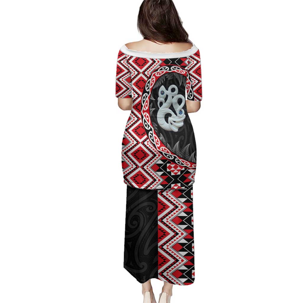 Red Taniko Motif Aotearoa Manaia and Silver Fern Family Matching Puletasi and Hawaiian Shirt LT03 - Polynesian Pride