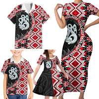 Red Taniko Motif Aotearoa Manaia and Silver Fern Family Matching Short Sleeve Bodycon Dress and Hawaiian Shirt LT03 - Polynesian Pride
