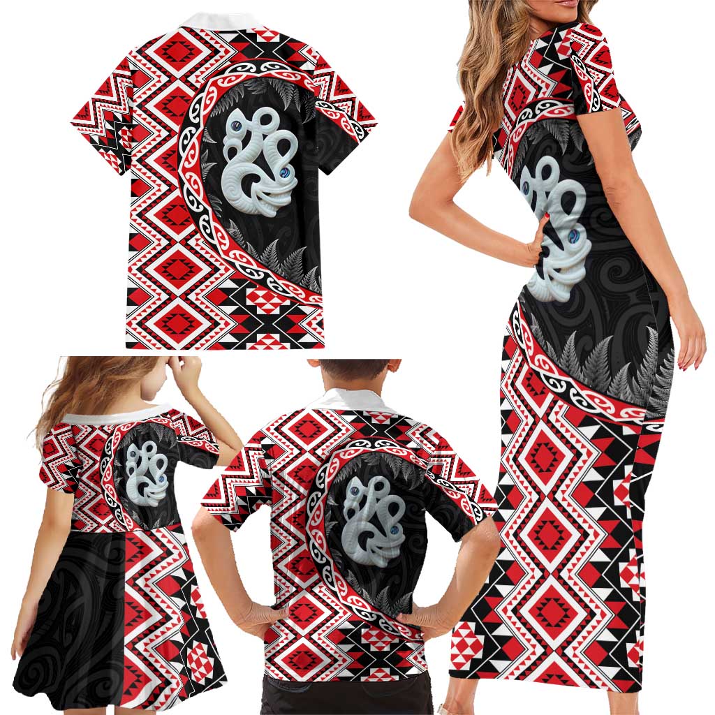 Red Taniko Motif Aotearoa Manaia and Silver Fern Family Matching Short Sleeve Bodycon Dress and Hawaiian Shirt LT03 - Polynesian Pride