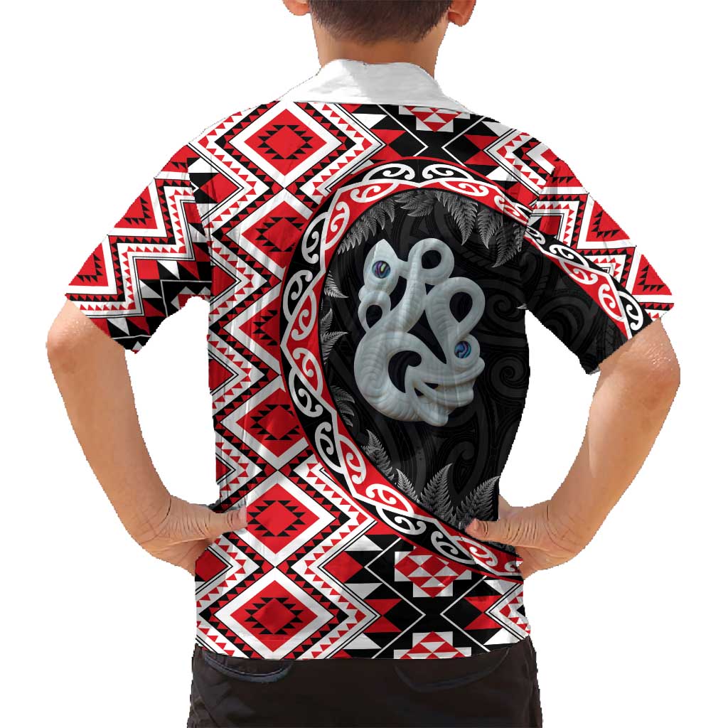 Red Taniko Motif Aotearoa Manaia and Silver Fern Family Matching Summer Maxi Dress and Hawaiian Shirt LT03 - Polynesian Pride