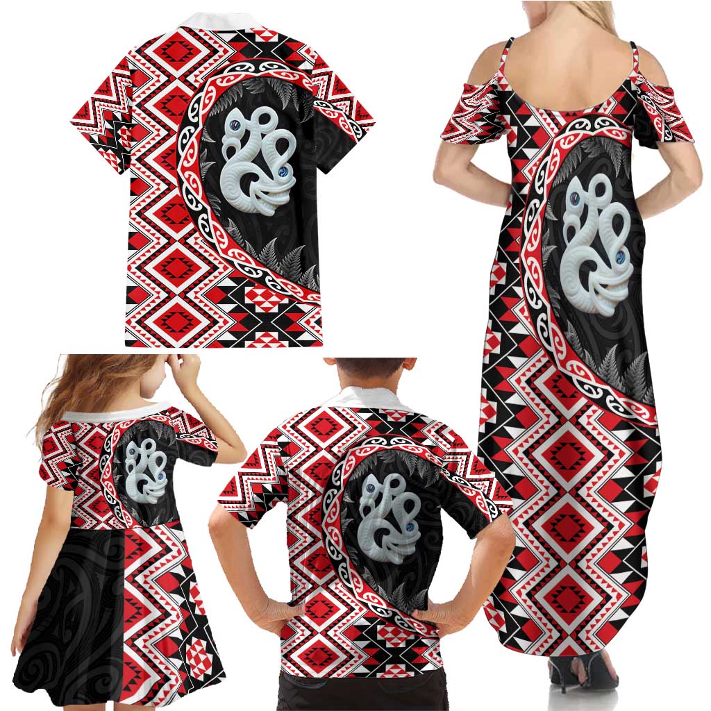 Red Taniko Motif Aotearoa Manaia and Silver Fern Family Matching Summer Maxi Dress and Hawaiian Shirt LT03 - Polynesian Pride
