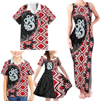 Red Taniko Motif Aotearoa Manaia and Silver Fern Family Matching Tank Maxi Dress and Hawaiian Shirt LT03 - Polynesian Pride