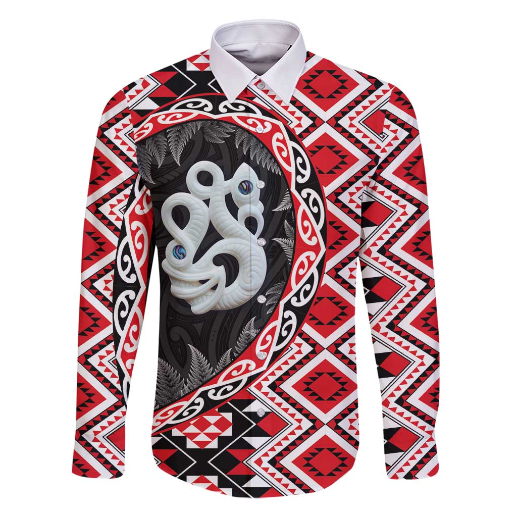 Red Taniko Motif Aotearoa Manaia and Silver Fern Family Matching Tank Maxi Dress and Hawaiian Shirt LT03 Dad's Shirt - Long Sleeve Red - Polynesian Pride