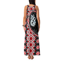 Red Taniko Motif Aotearoa Manaia and Silver Fern Family Matching Tank Maxi Dress and Hawaiian Shirt LT03 - Polynesian Pride
