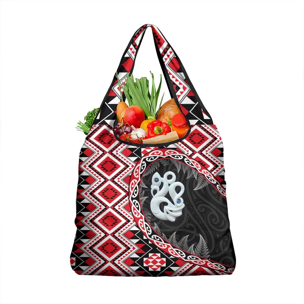 Red Taniko Motif Aotearoa Manaia and Silver Fern Grocery Bag LT03 1-pack One Size Red - Polynesian Pride