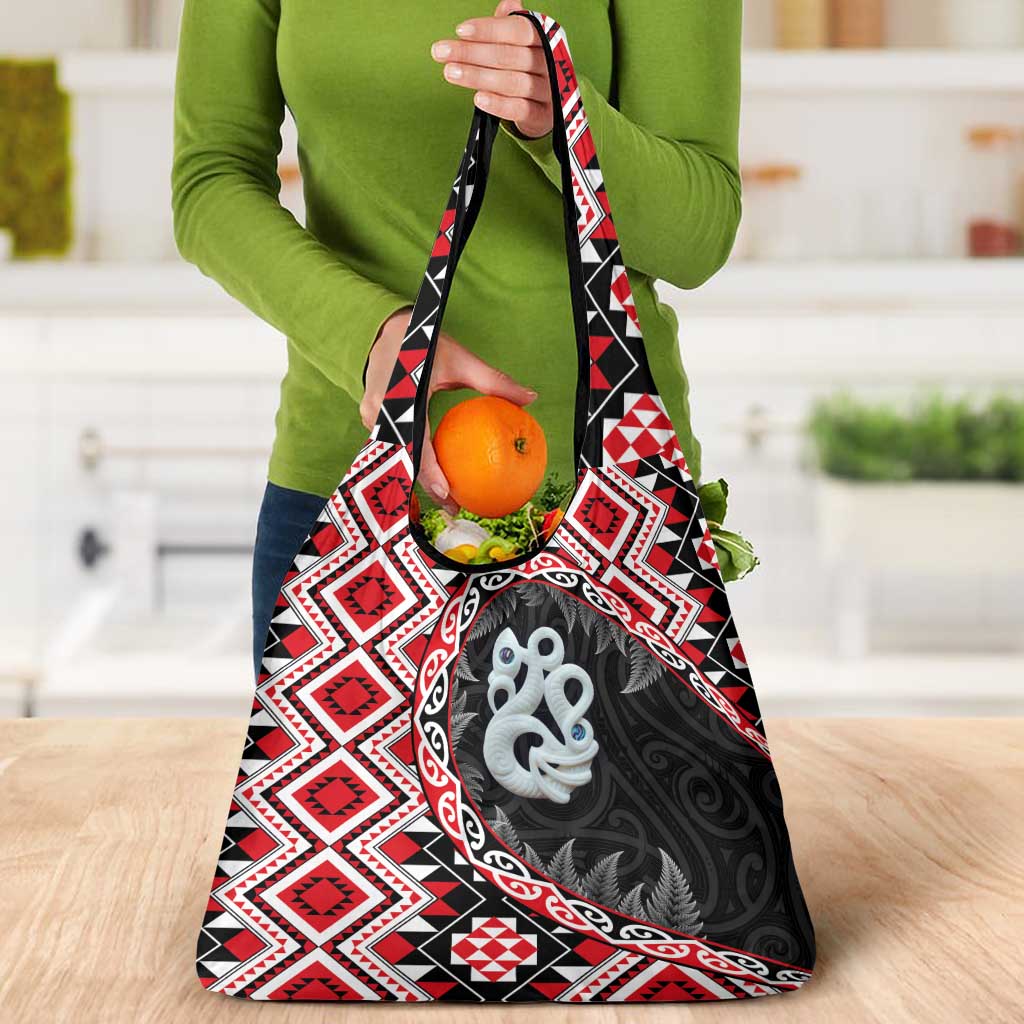 Red Taniko Motif Aotearoa Manaia and Silver Fern Grocery Bag
