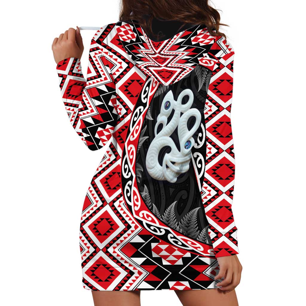 Red Taniko Motif Aotearoa Manaia and Silver Fern Hoodie Dress