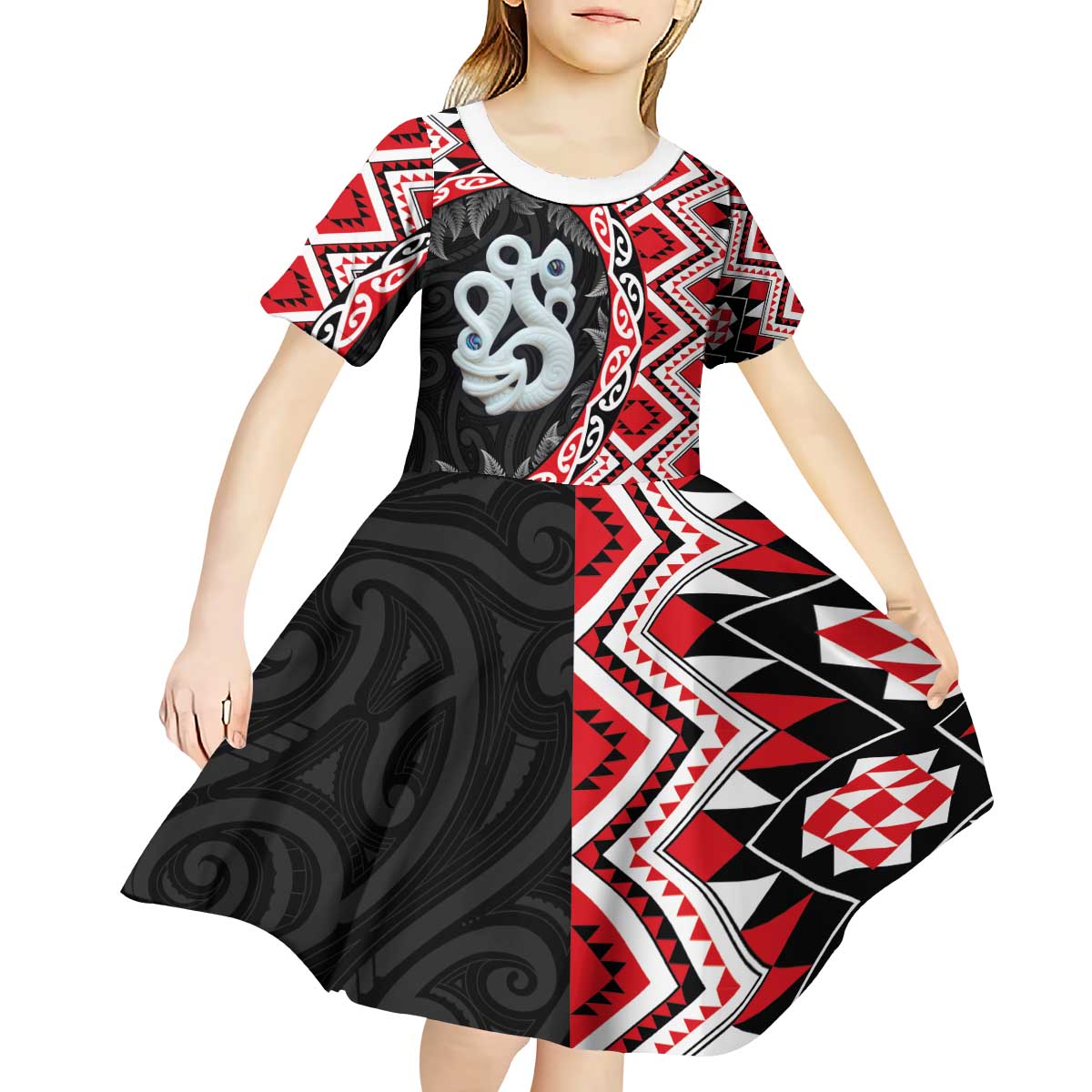 Red Taniko Motif Aotearoa Manaia and Silver Fern Kid Short Sleeve Dress