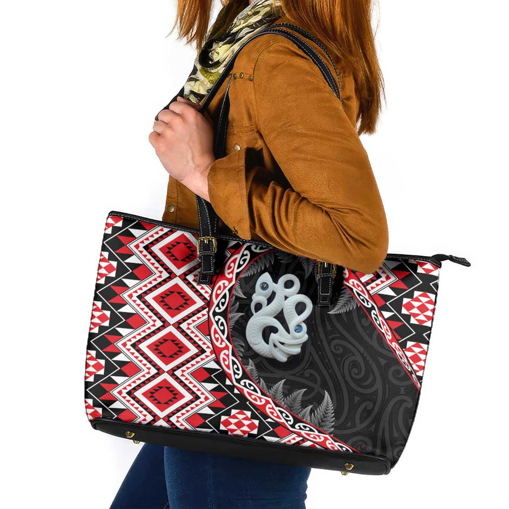 Red Taniko Motif Aotearoa Manaia and Silver Fern Leather Tote Bag