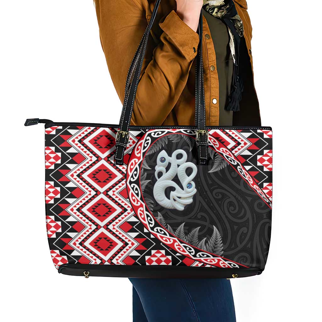 Red Taniko Motif Aotearoa Manaia and Silver Fern Leather Tote Bag