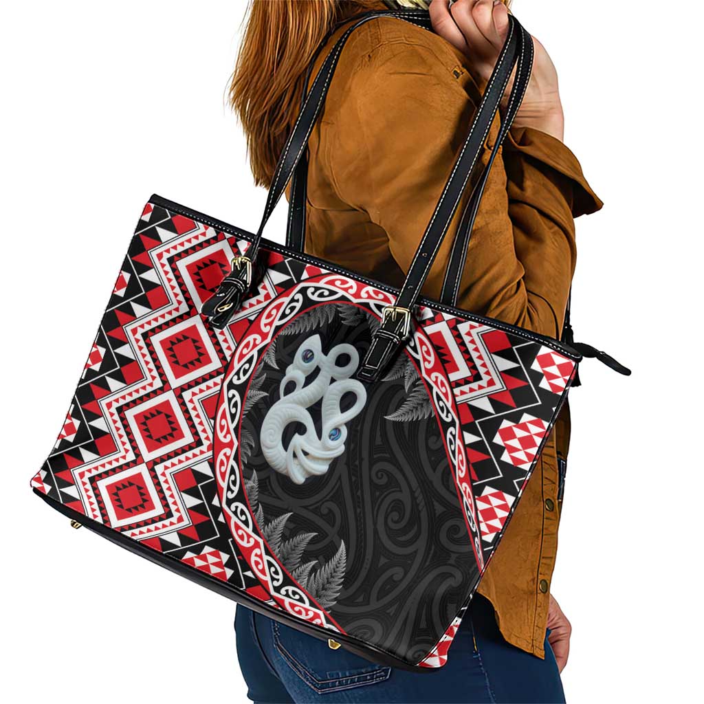 Red Taniko Motif Aotearoa Manaia and Silver Fern Leather Tote Bag