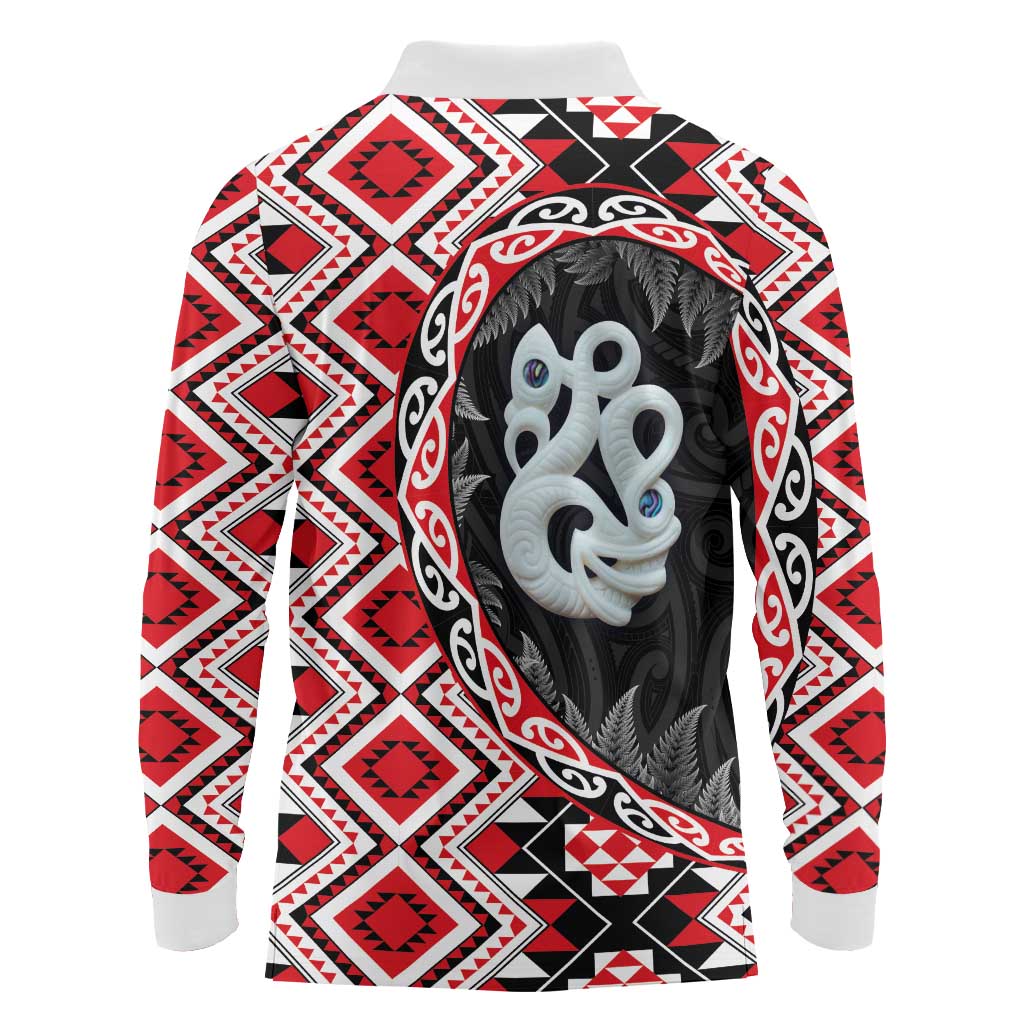 Red Taniko Motif Aotearoa Manaia and Silver Fern Long Sleeve Polo Shirt