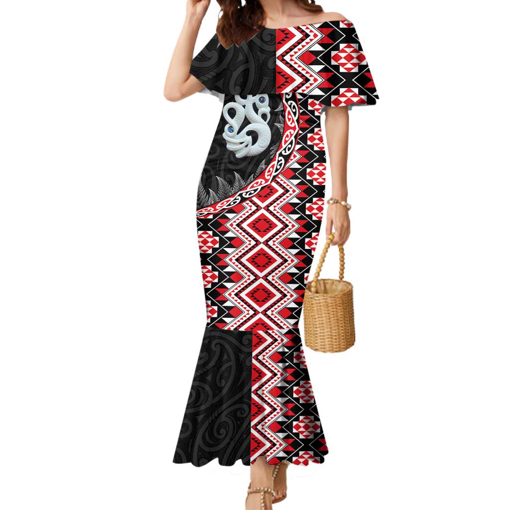 Red Taniko Motif Aotearoa Manaia and Silver Fern Mermaid Dress