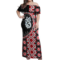 Red Taniko Motif Aotearoa Manaia and Silver Fern Off Shoulder Maxi Dress