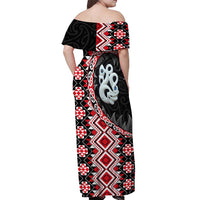 Red Taniko Motif Aotearoa Manaia and Silver Fern Off Shoulder Maxi Dress