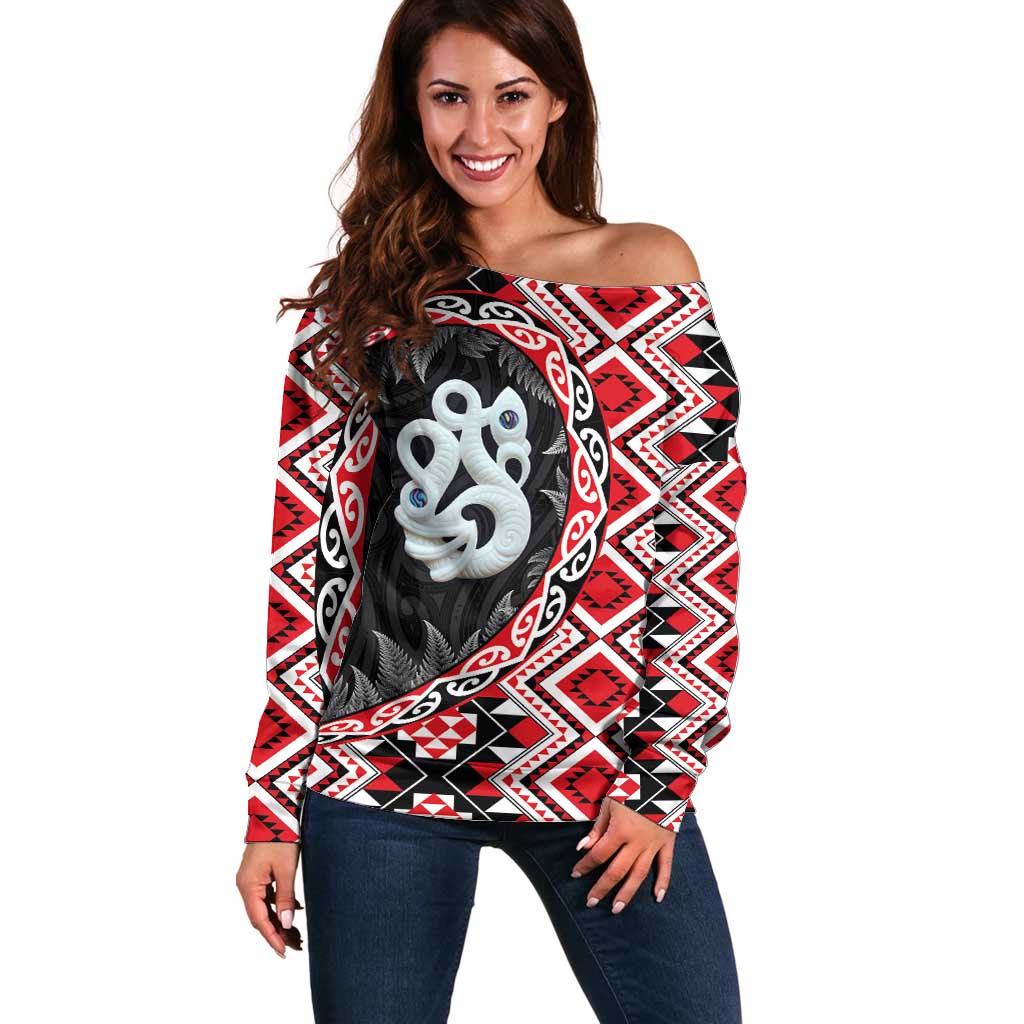 Red Taniko Motif Aotearoa Manaia and Silver Fern Off Shoulder Sweater LT03 Women Red - Polynesian Pride