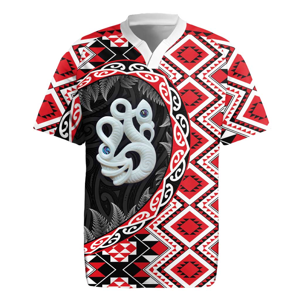 Red Taniko Motif Aotearoa Manaia and Silver Fern Rugby Jersey LT03 Red - Polynesian Pride