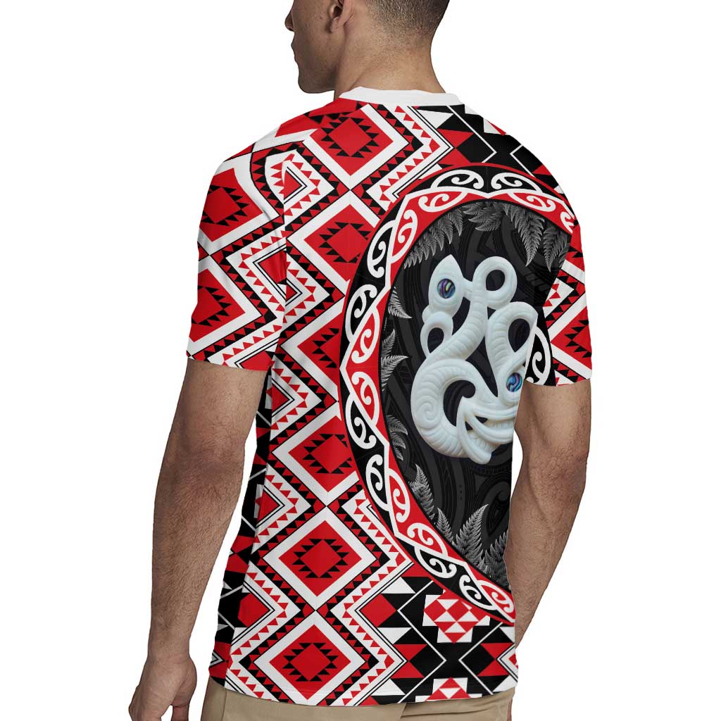 Red Taniko Motif Aotearoa Manaia and Silver Fern Rugby Jersey LT03 - Polynesian Pride