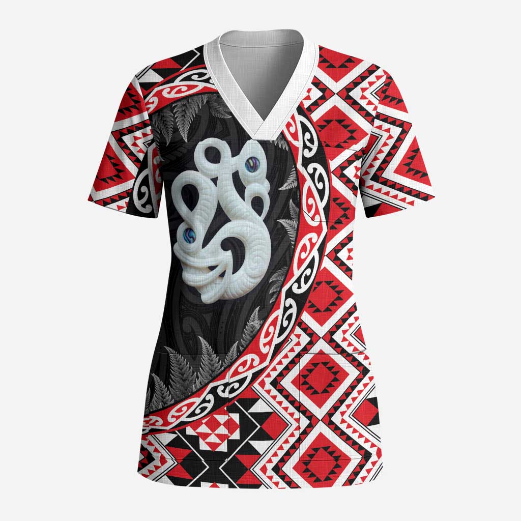 Red Taniko Motif Aotearoa Manaia and Silver Fern Scrub Top - Polynesian Pride