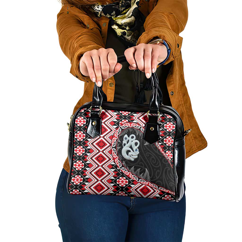 Red Taniko Motif Aotearoa Manaia and Silver Fern Shoulder Handbag