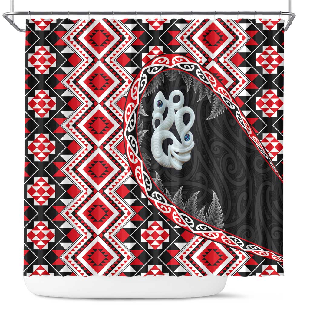Red Taniko Motif Aotearoa Manaia and Silver Fern Shower Curtain LT03 Red - Polynesian Pride