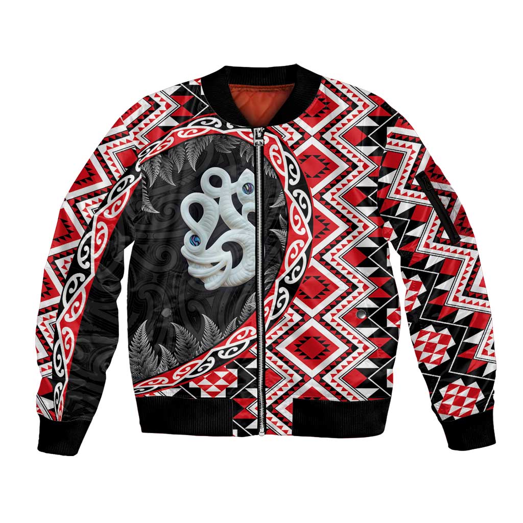 Red Taniko Motif Aotearoa Manaia and Silver Fern Sleeve Zip Bomber Jacket LT03 Unisex Red - Polynesian Pride