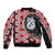 Red Taniko Motif Aotearoa Manaia and Silver Fern Sleeve Zip Bomber Jacket