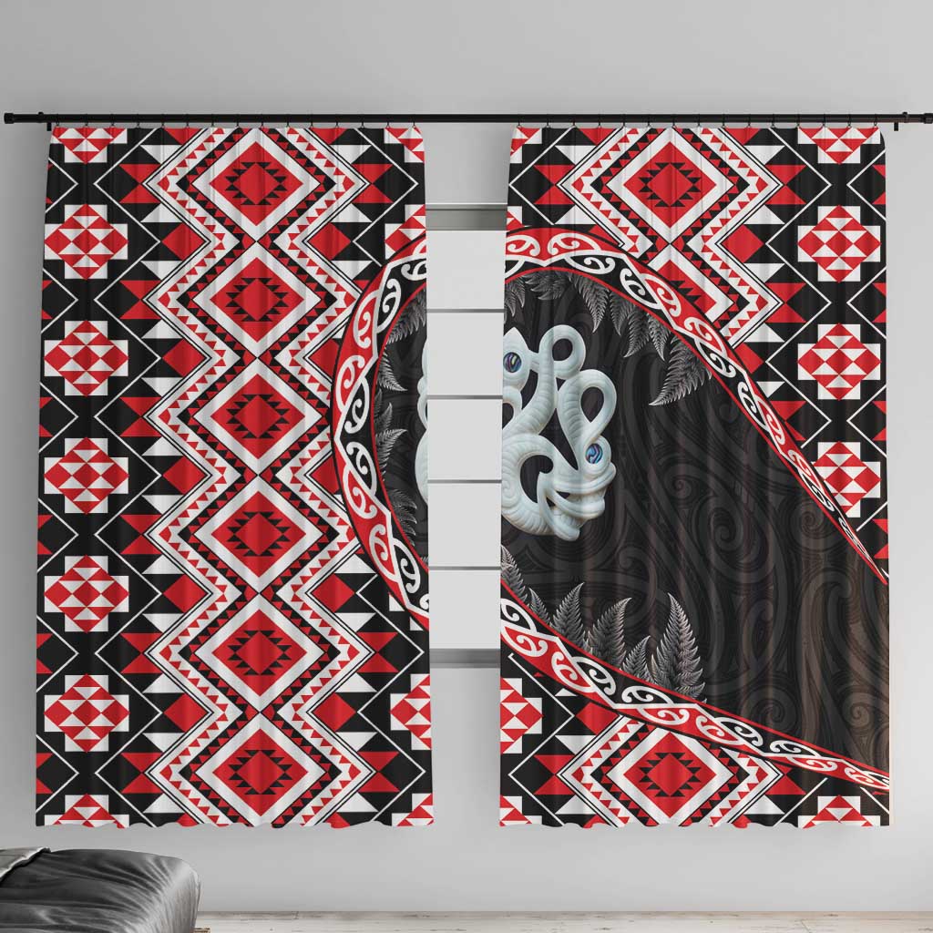 Red Taniko Motif Aotearoa Manaia and Silver Fern Window Curtain LT03 With Hooks Red - Polynesian Pride
