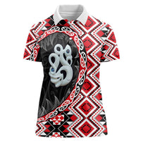 Red Taniko Motif Aotearoa Manaia and Silver Fern Women Polo Shirt LT03 Female Red - Polynesian Pride