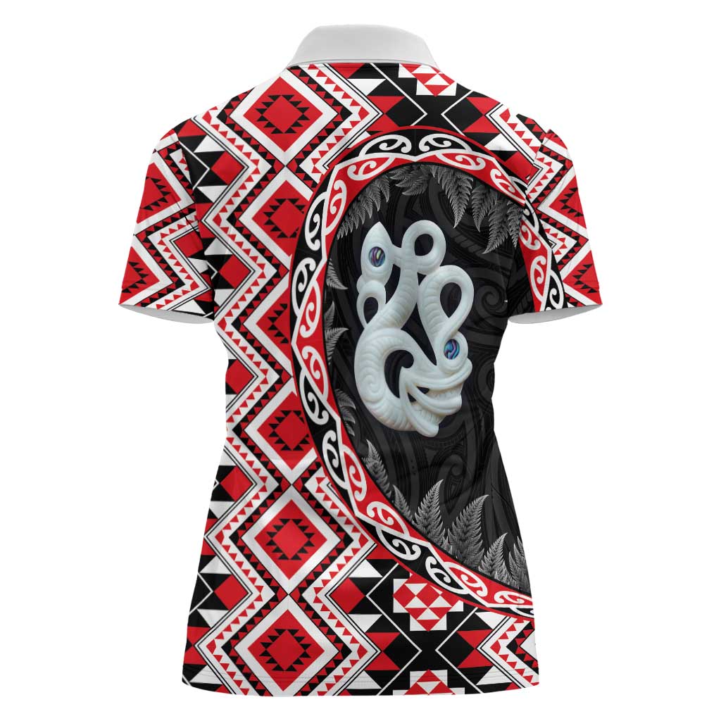 Red Taniko Motif Aotearoa Manaia and Silver Fern Women Polo Shirt LT03 - Polynesian Pride