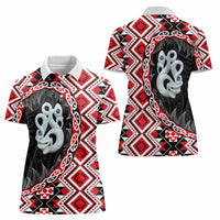 Red Taniko Motif Aotearoa Manaia and Silver Fern Women Polo Shirt LT03 - Polynesian Pride