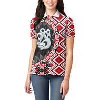 Red Taniko Motif Aotearoa Manaia and Silver Fern Women Polo Shirt LT03 - Polynesian Pride