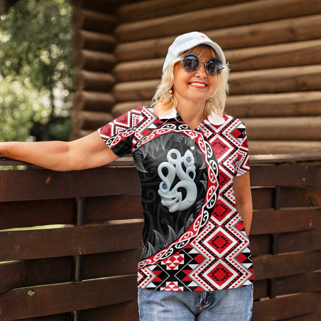 Red Taniko Motif Aotearoa Manaia and Silver Fern Women Polo Shirt LT03 - Polynesian Pride