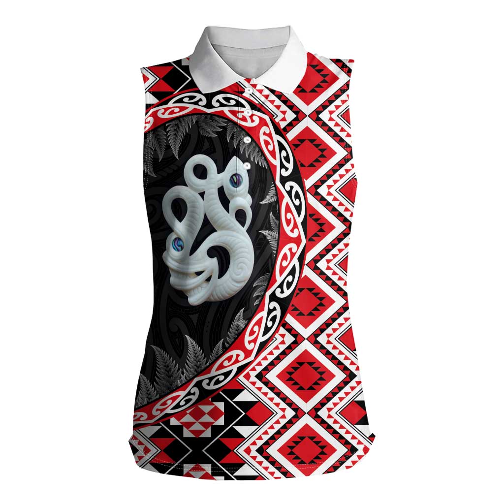 Red Taniko Motif Aotearoa Manaia and Silver Fern Women Sleeveless Polo Shirt