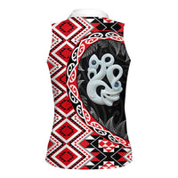 Red Taniko Motif Aotearoa Manaia and Silver Fern Women Sleeveless Polo Shirt