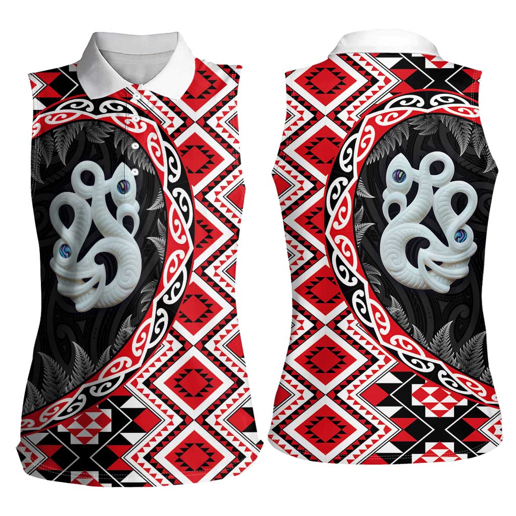 Red Taniko Motif Aotearoa Manaia and Silver Fern Women Sleeveless Polo Shirt