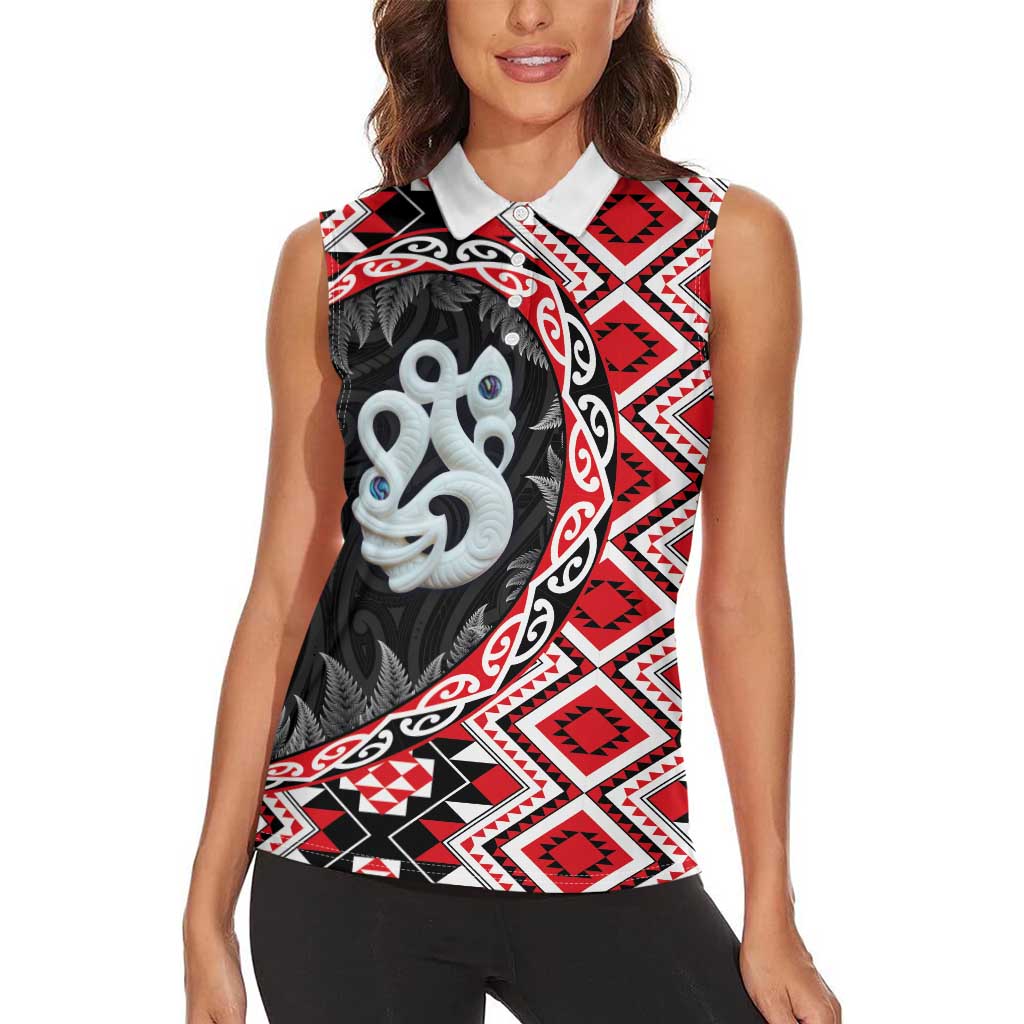 Red Taniko Motif Aotearoa Manaia and Silver Fern Women Sleeveless Polo Shirt