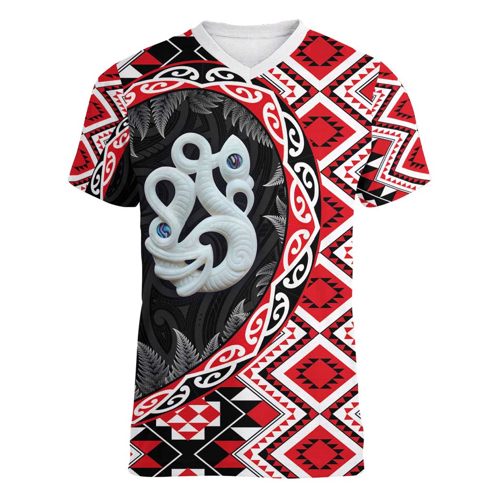 Red Taniko Motif Aotearoa Manaia and Silver Fern Women V-Neck T-Shirt