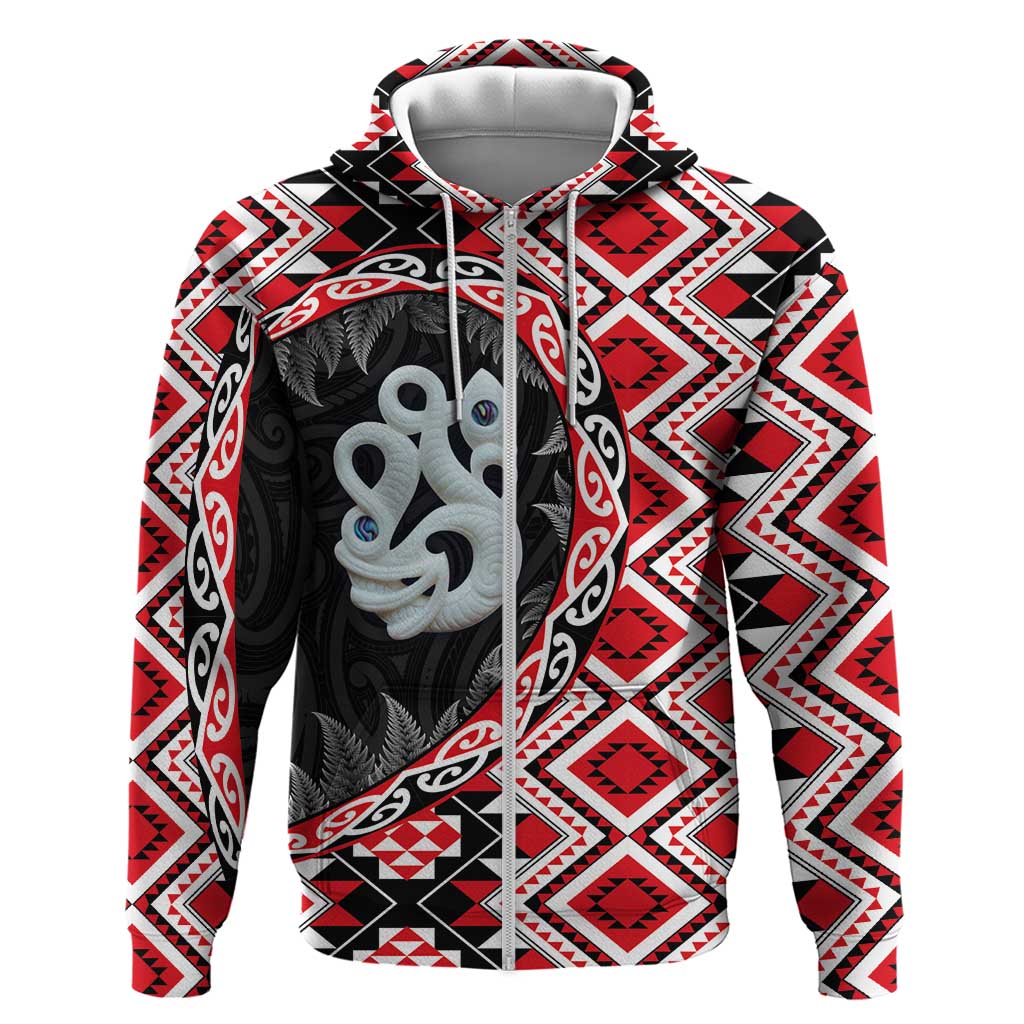 Red Taniko Motif Aotearoa Manaia and Silver Fern Zip Hoodie LT03 Zip Hoodie Red - Polynesian Pride