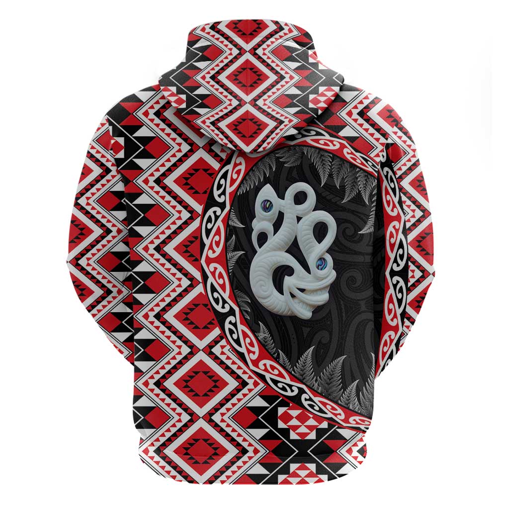 Red Taniko Motif Aotearoa Manaia and Silver Fern Zip Hoodie LT03 - Polynesian Pride