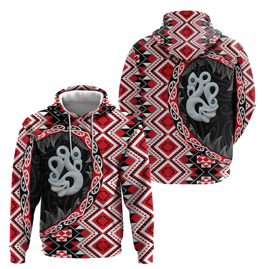 Red Taniko Motif Aotearoa Manaia and Silver Fern Zip Hoodie LT03 - Polynesian Pride