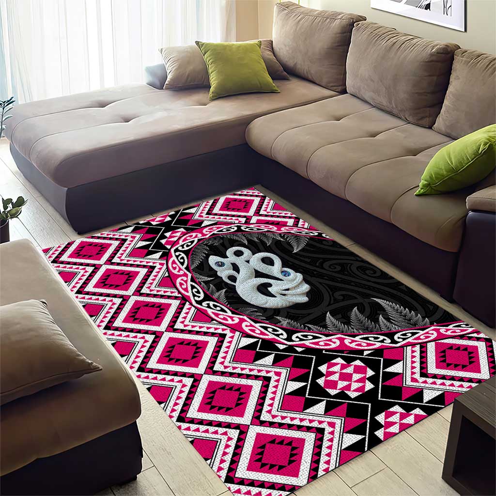 Pink Taniko Motif Aotearoa Manaia and Silver Fern Area Rug LT03 - Polynesian Pride