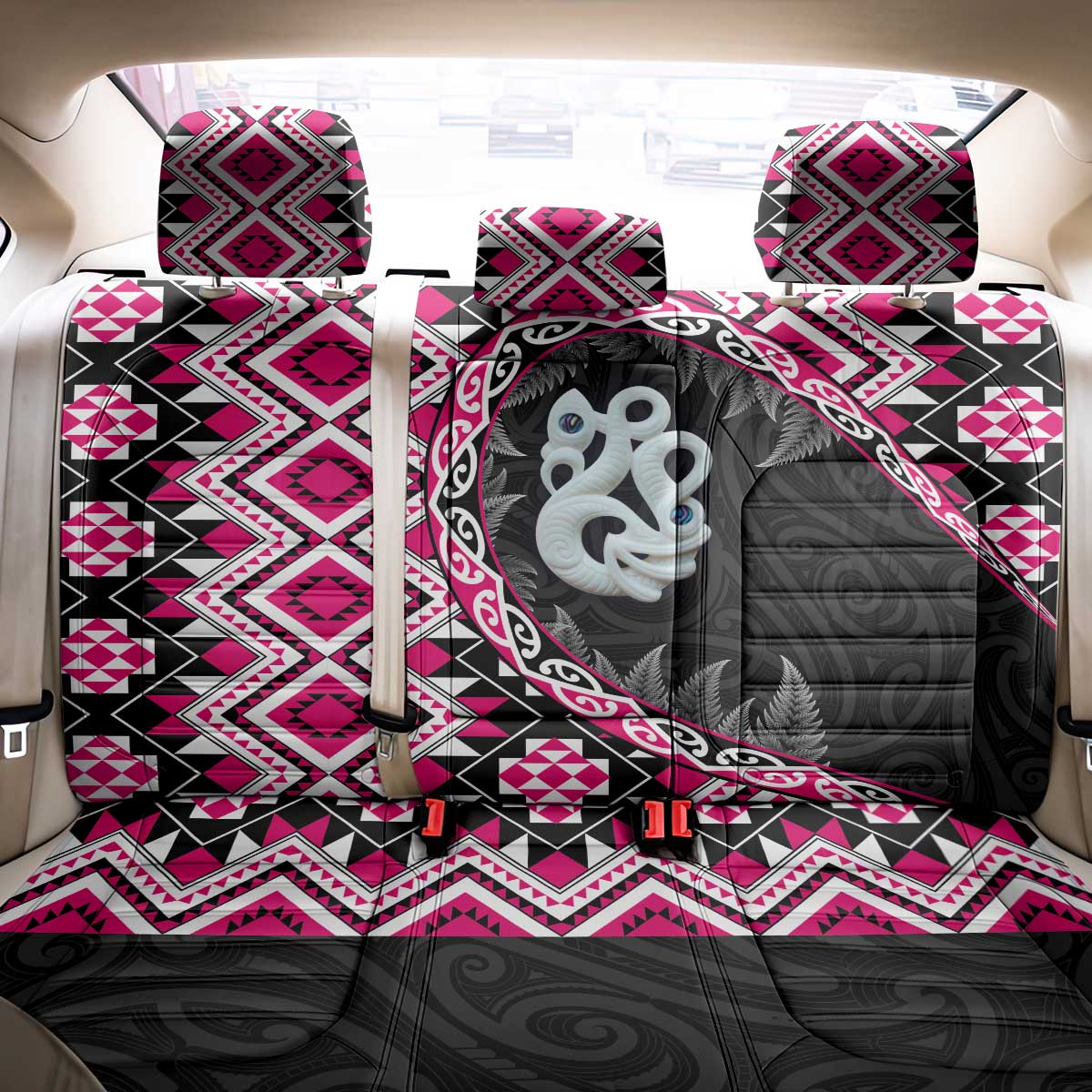 Pink Taniko Motif Aotearoa Manaia and Silver Fern Back Car Seat Cover LT03 - Polynesian Pride