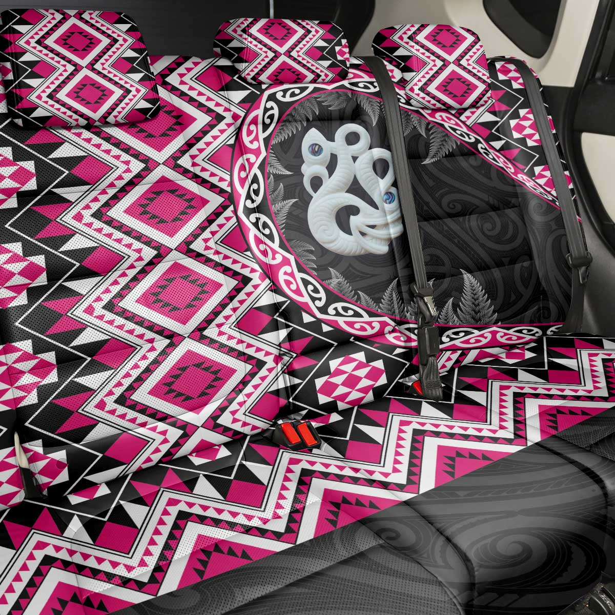 Pink Taniko Motif Aotearoa Manaia and Silver Fern Back Car Seat Cover LT03 - Polynesian Pride