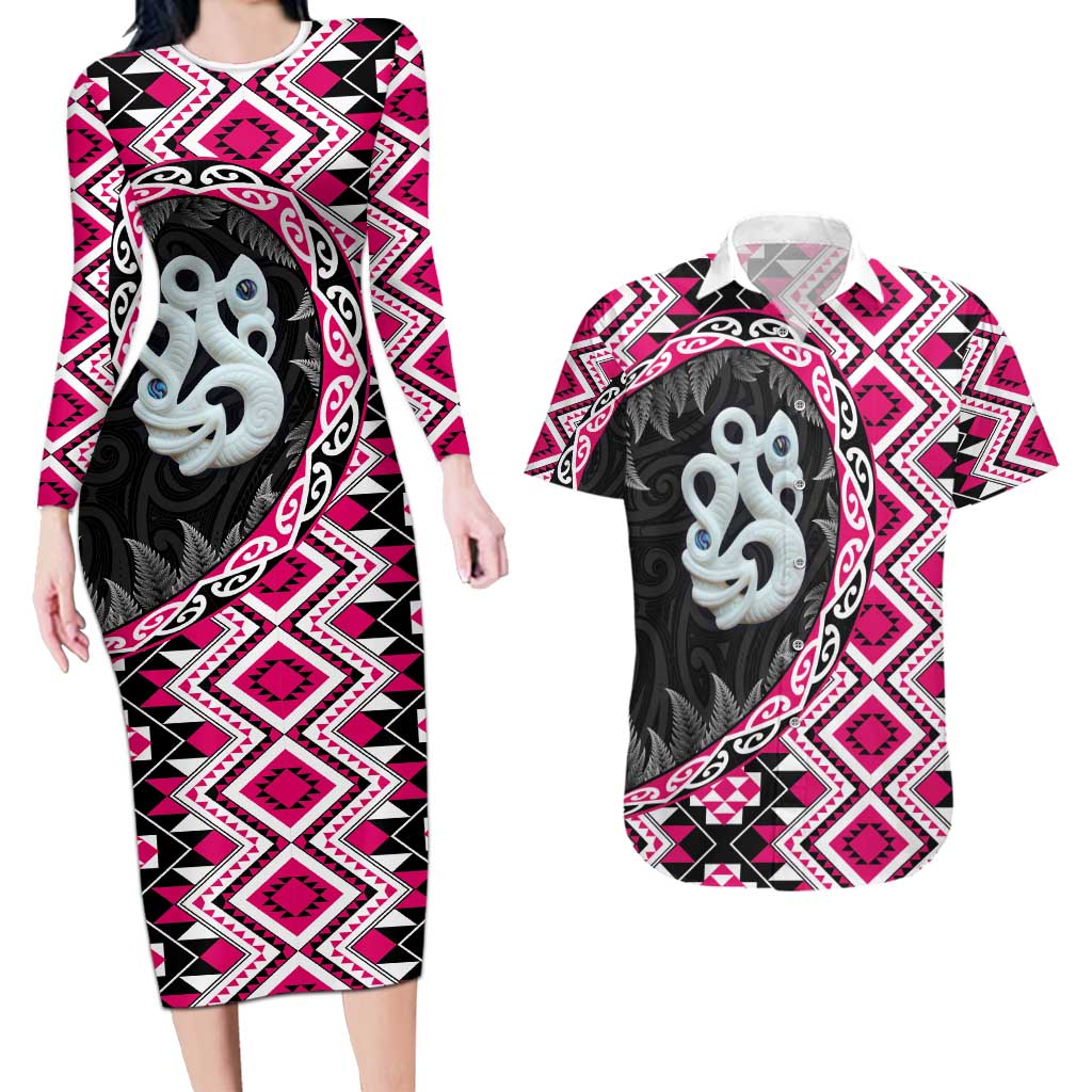 Pink Taniko Motif Aotearoa Manaia and Silver Fern Couples Matching Long Sleeve Bodycon Dress and Hawaiian Shirt LT03 Pink - Polynesian Pride