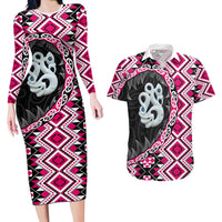 Pink Taniko Motif Aotearoa Manaia and Silver Fern Couples Matching Long Sleeve Bodycon Dress and Hawaiian Shirt LT03 Pink - Polynesian Pride